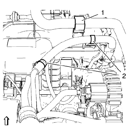 Fig. 44: Heater Outlet Hose And ECM Wiring Harness Retainer Clips