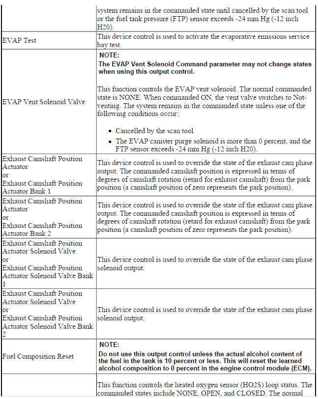 Engine Control Module (ECM) Scan Tool Output Controls