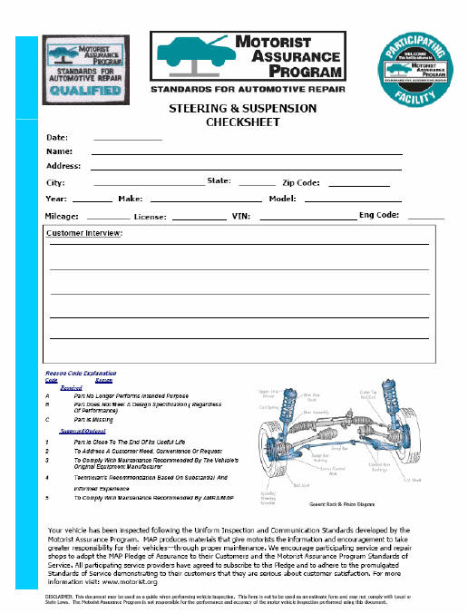 Fig. 7: Steering & Suspension Checksheet (1 Of 2)