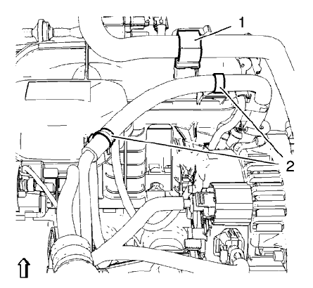 Fig. 31: Heater Outlet Hose And ECM Wiring Harness Retainer Clips