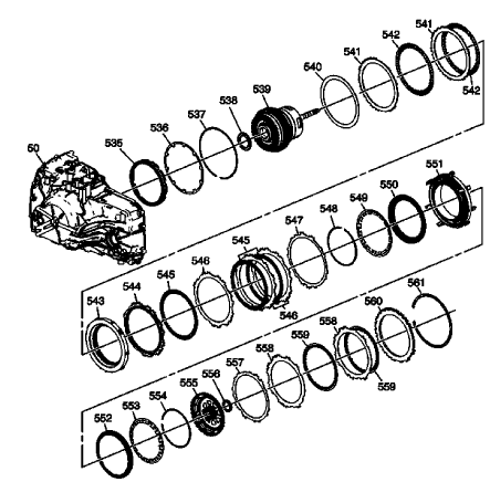 Fig. 22: 2-6, Low, Reverse And 1-2-3-4 Clutch Plate Assemblies - Gen 2