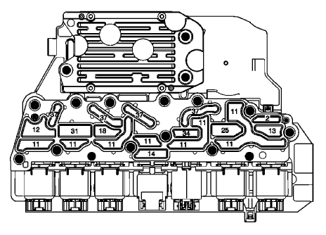 Fig. 28: Control Solenoid (w/Body and TCM) Valve Assembly -- Channel Plate Side