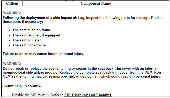Front Seat Outboard Seat Back Airbag Replacement