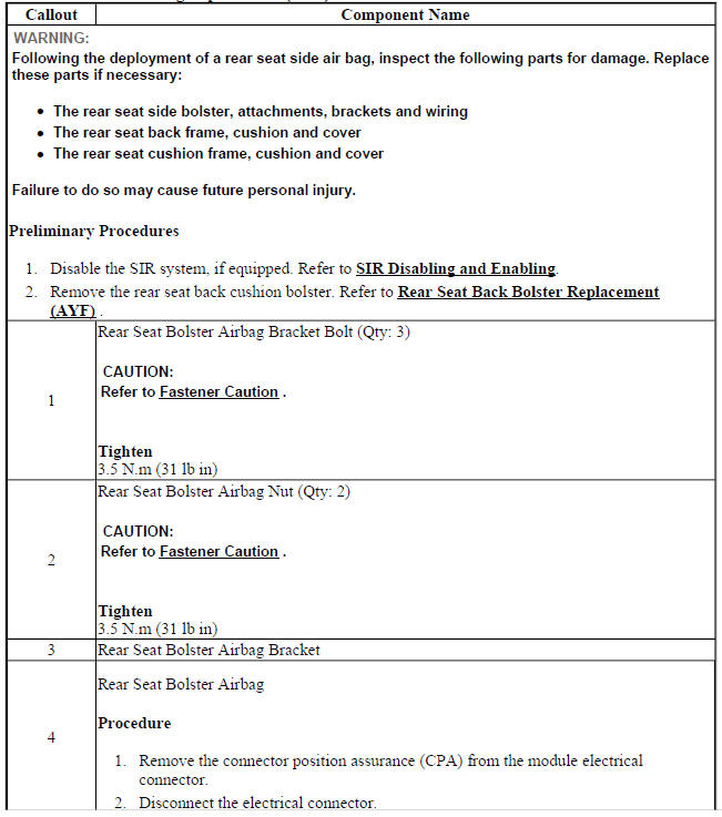 Rear Seat Bolster Airbag Replacement (AYF)