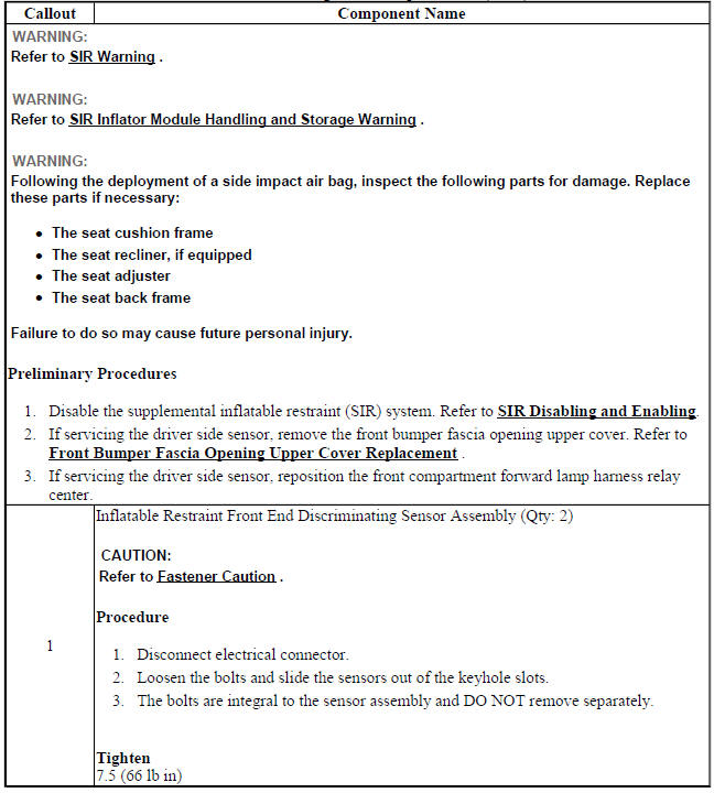 Front End Inflatable Restraint Discriminating Sensor Replacement (Trax)
